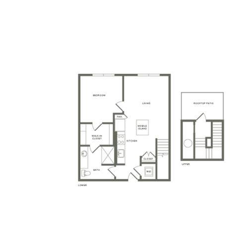 842 to 854 square foot one bedroom one bath with rooftop patio apartment floorplan image