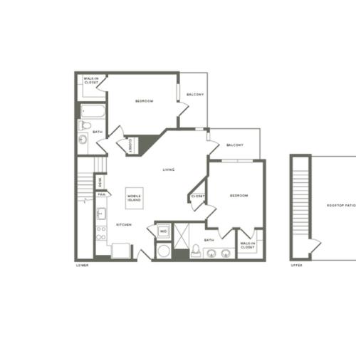 1145 square foot two bedroom two bath with rooftop patio apartment floorplan image