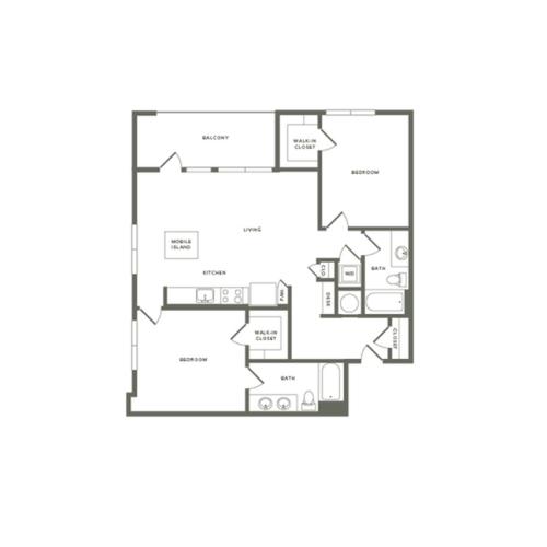 1209 square foot two bedroom two bath apartment floorplan image