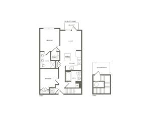 977 to 1021 square foot two bedroom two bath with rooftop patio apartment floorplan image