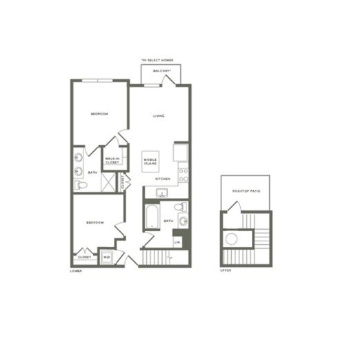 977 to 1021 square foot two bedroom two bath with rooftop patio apartment floorplan image
