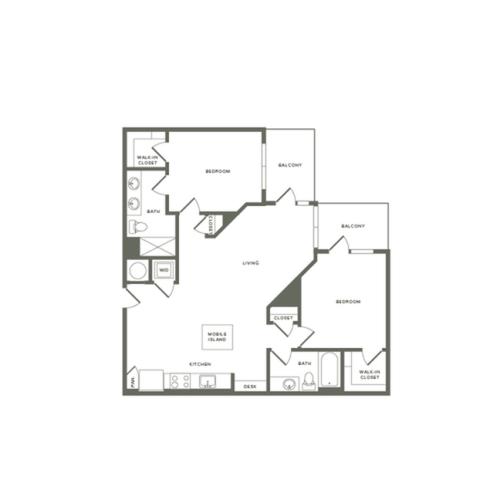 1121 to 1142 square foot two bedroom two bath apartment floorplan image