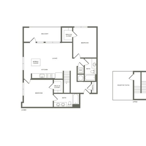 1279 square foot two bedroom two bath with rooftop patio apartment floorplan image