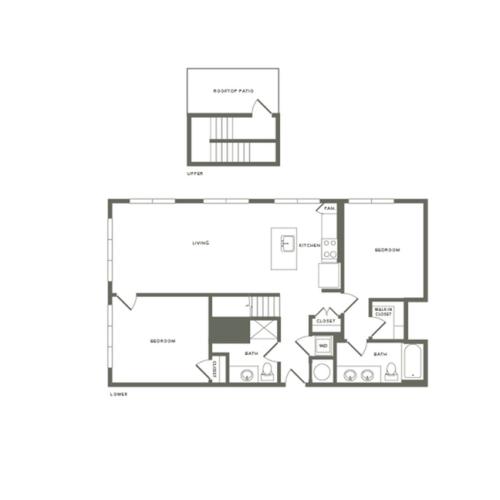1184 square foot two bedroom two bath with rooftop patio apartment floorplan image