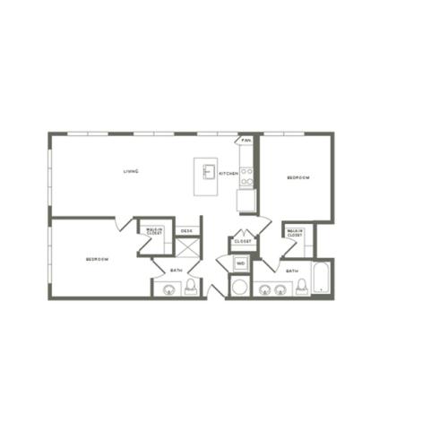 1120 square foot two bedroom two bath apartment floorplan image
