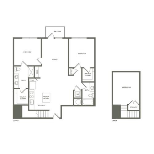 1481 square foot two bedroom two bath with mezzanine apartment floorplan image