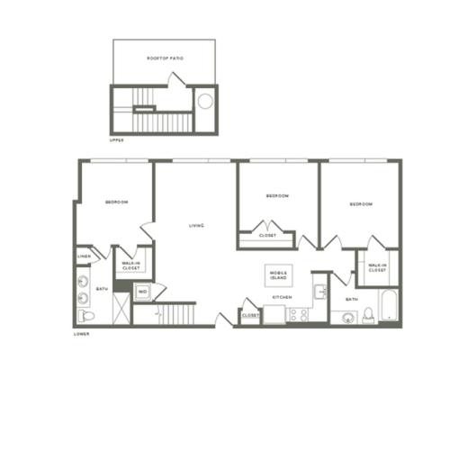 1407 square foot three bedroom two bath with rooftop patio apartment floorplan image