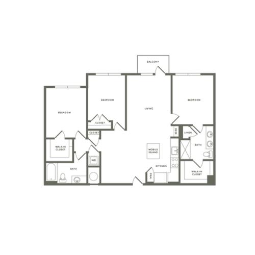 1358 to 1374 square foot three bedroom two bath apartment floorplan image