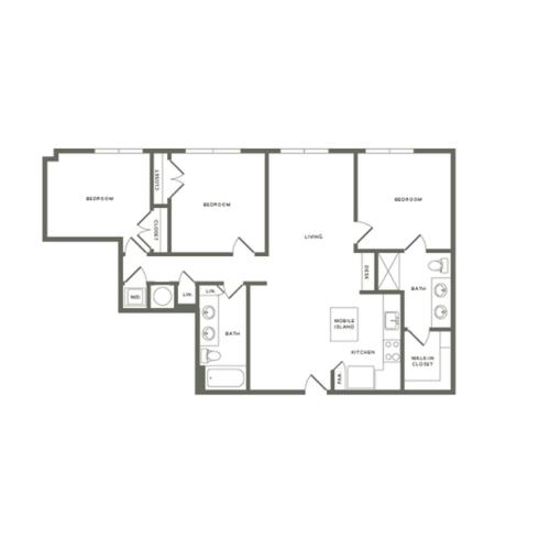 1338 square foot three bedroom two bath apartment floorplan image