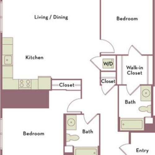 1,092 square foot two bedroom two bath apartment floorplan image