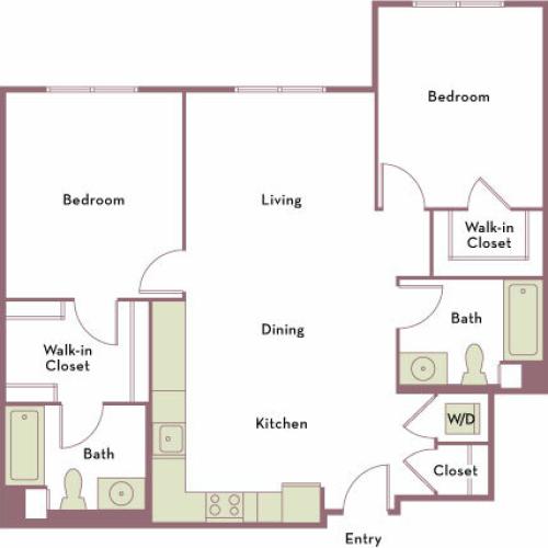 1,102 square foot two bedroom two bath apartment floorplan image