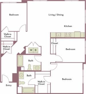 1,458 square foot three bedroom two bath apartment floorplan image