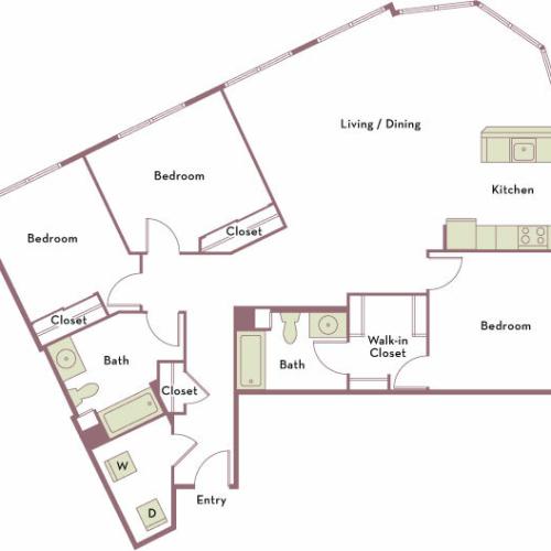 1,597 square foot three bedroom two bath apartment floorplan image