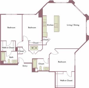 1,647 square foot three bedroom two bath apartment floorplan image