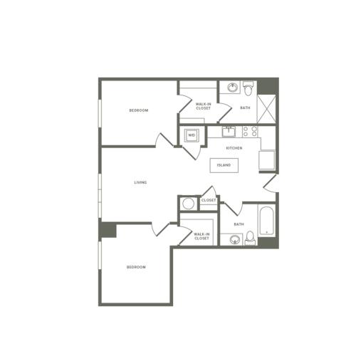 951 square foot two bedroom two bath apartment floorplan image