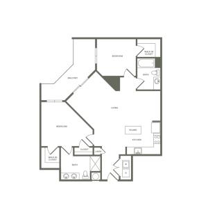 1143 square foot two bedroom two bath apartment floorplan image