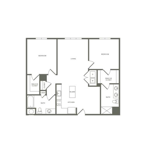 1161 square foot two bedroom two bath apartment floorplan image