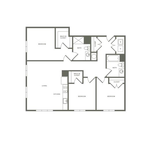 1302 square foot Affordable three bedroom two bath with two walk-in closets apartment floorplan image