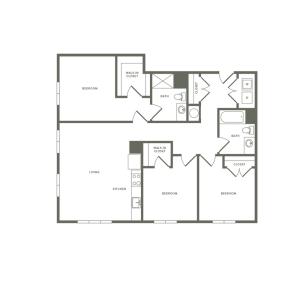 1302 square foot three bedroom two bath with two walk-in closets apartment floorplan image