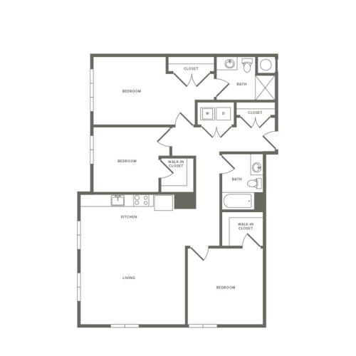 1366 square foot three bedroom two bath apartment floorplan image