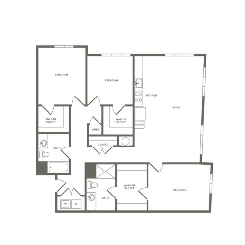 1504 square foot three bedroom two bath apartment floorplan image