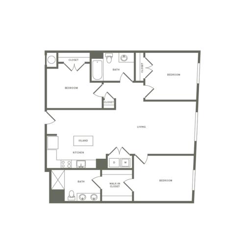 1302 square foot three bedroom two bath with L Shape kitchen apartment floorplan image