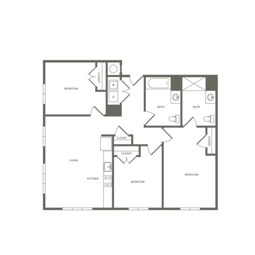 1302 square foot three bedroom two bath apartment floorplan image