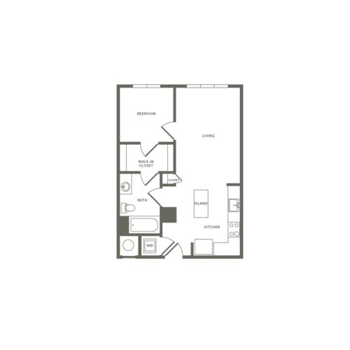 609 square foot Affordable one bedroom one bath studio apartment floorplan image