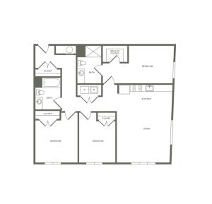 1361 square foot three bedroom two bath apartment floorplan image