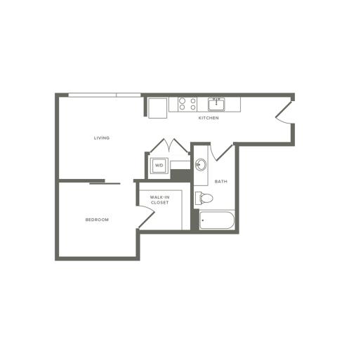 Income restricted 582 square foot one bedroom one bath apartment floorplan image