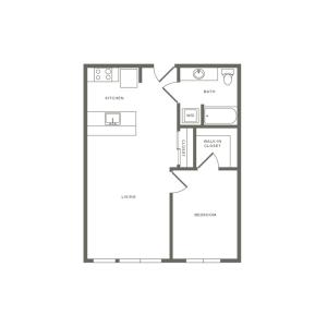 One bedroom ranging from 649 to 677 square feet one bath apartment floorplan image