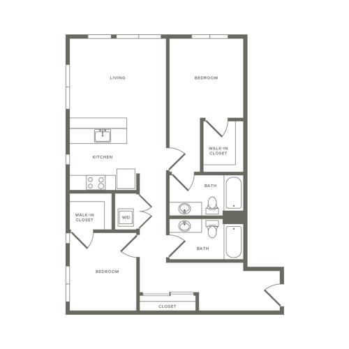 Two bedroom two bath ranging from 944 to 994 square feet apartment floorplan image
