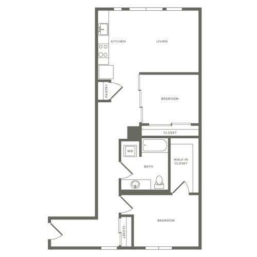 Two bedroom one bath ranging from 909 to 949 square feet apartment floorplan image
