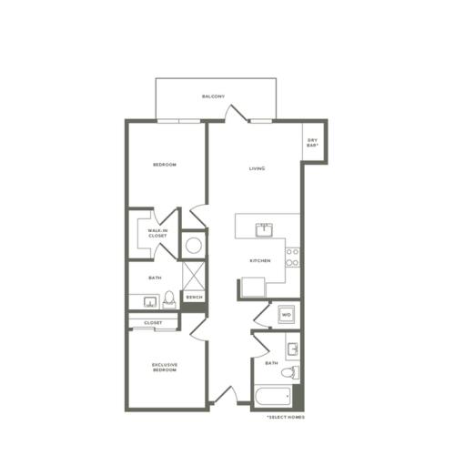 960 to 980 square foot two bedroom two bath apartment floorplan image