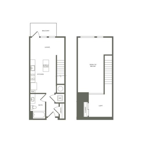 693 to 697 square foot one bedroom one bath with loft apartment floorplan image
