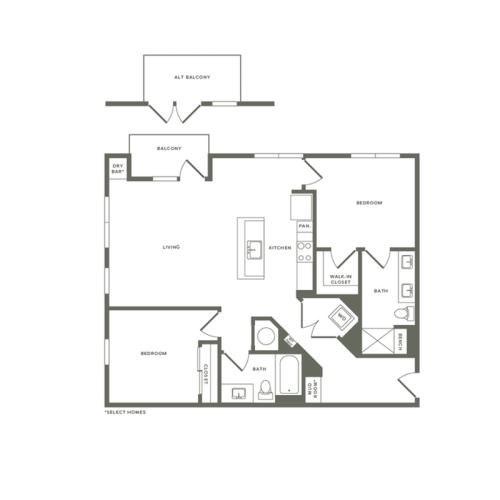 1156 to 1210 square foot two bedroom two bath apartment floorplan image