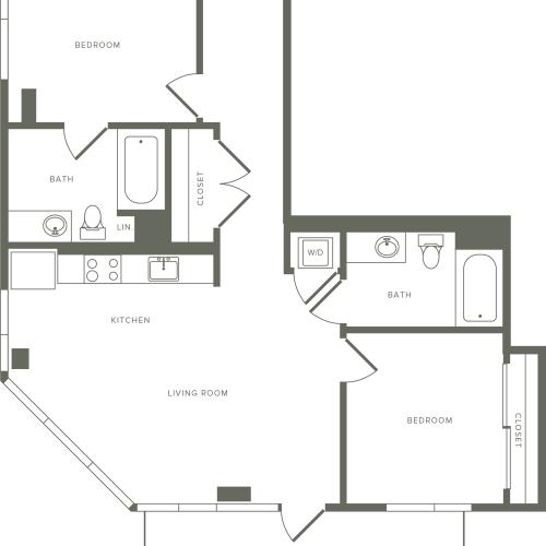 1,007-1,011 square foot two bedroom two bath apartment floorplan image