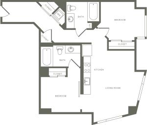 930-937 square foot two bedroom two bath apartment floorplan image