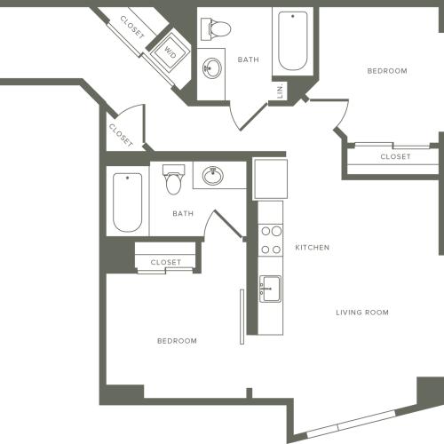 930-937 square foot two bedroom two bath apartment floorplan image