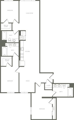 1,711 to 1,872 square foot three bedroom three bath apartment floorplan image