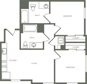 815 square foot two bedroom two bath floor plan image