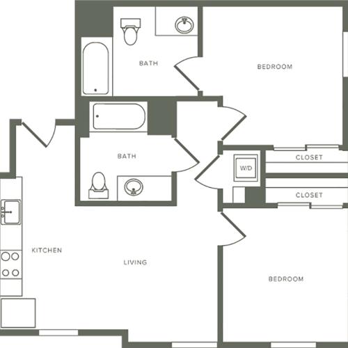 815 square foot two bedroom two bath floor plan image