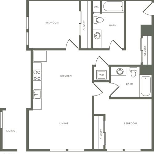 1018 square foot two bedroom two bath floor plan image