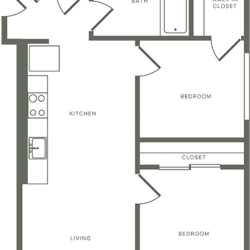 764 square foot two bedroom one bath floor plan image