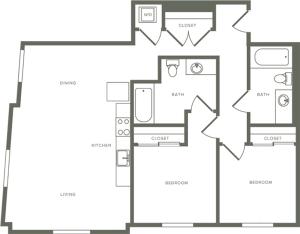 1018 square foot two bedroom two bath floor plan image