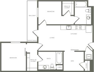 940 square foot two bedroom two bath floor plan