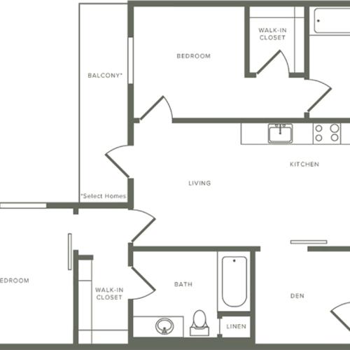 940 square foot two bedroom two bath floor plan
