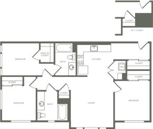 1111 square foot three bedroom two bath floor plan image