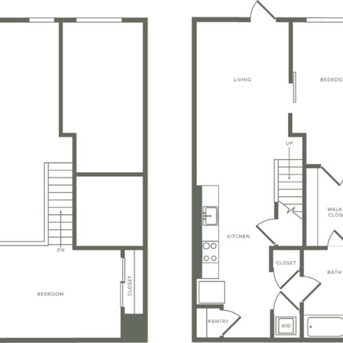1083 square foot two bedroom one bath loft floor plan image