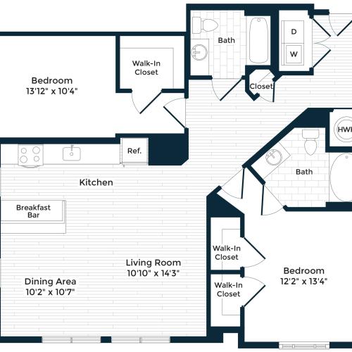 1254 square foot two bedroom two bath apartment floorplan image
